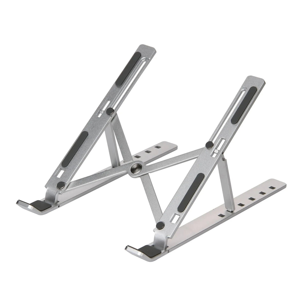 Silver folding laptop stand made from aluminium alloy and silicone for laptops, books and tablets under 16 inches