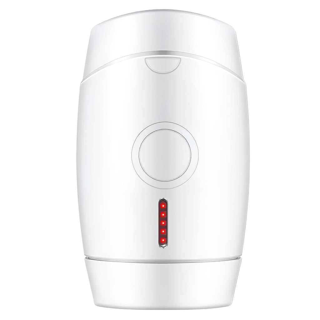 White home laser hair removal device with digital display, shown with international plug adapters.