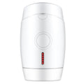 White home laser hair removal device with digital display, shown with international plug adapters.