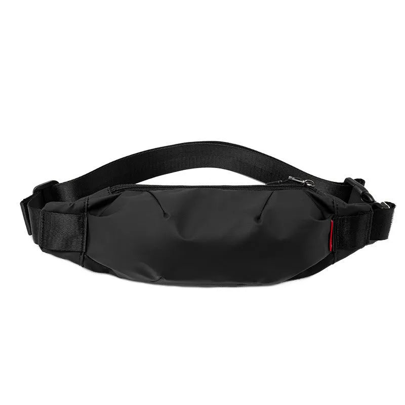 Black Oxford cloth waist pack with crossbody strap showing internal phone and ID card pockets