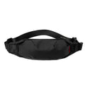 Black Oxford cloth waist pack with crossbody strap showing internal phone and ID card pockets