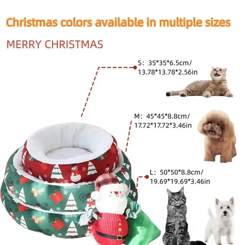 Christmas pet bed in red or green with flannel and Arctic fleece, sizes S M L for small dogs and cats