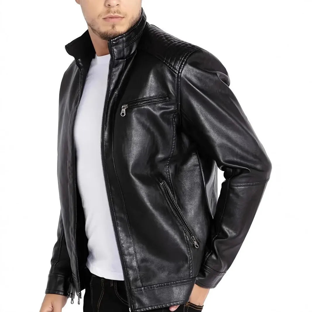 Men's brown artificial leather punk motorcycle jacket with stand collar and patch pocket