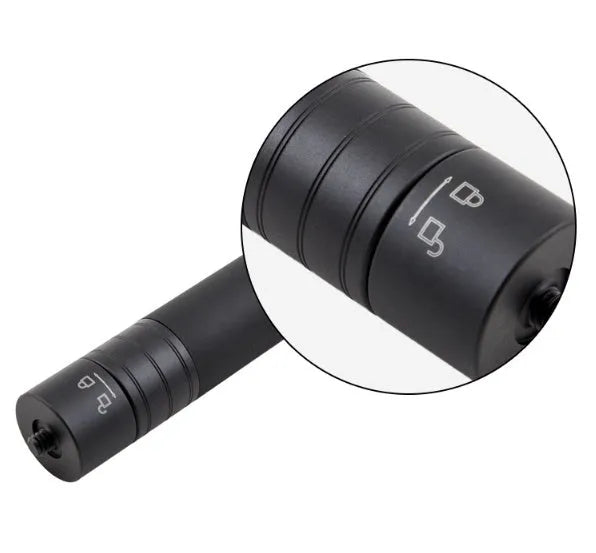 Black retractable aluminium selfie stick extended to full length showing tripod mount.