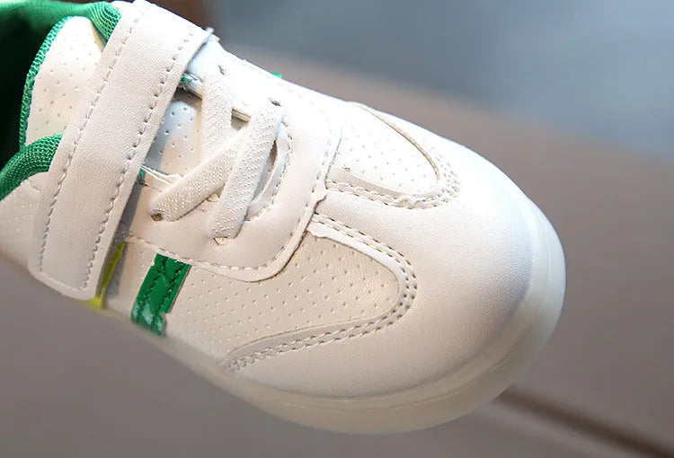 Kimmy White LED Sneakers in red, green, or black with Velcro strap and rubber sole, sizes 21-30