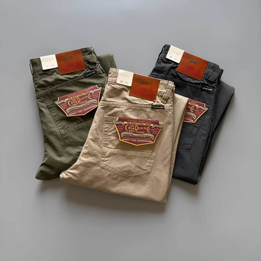 Men's American retro straight leg cotton trousers in solid colour with mid waist design