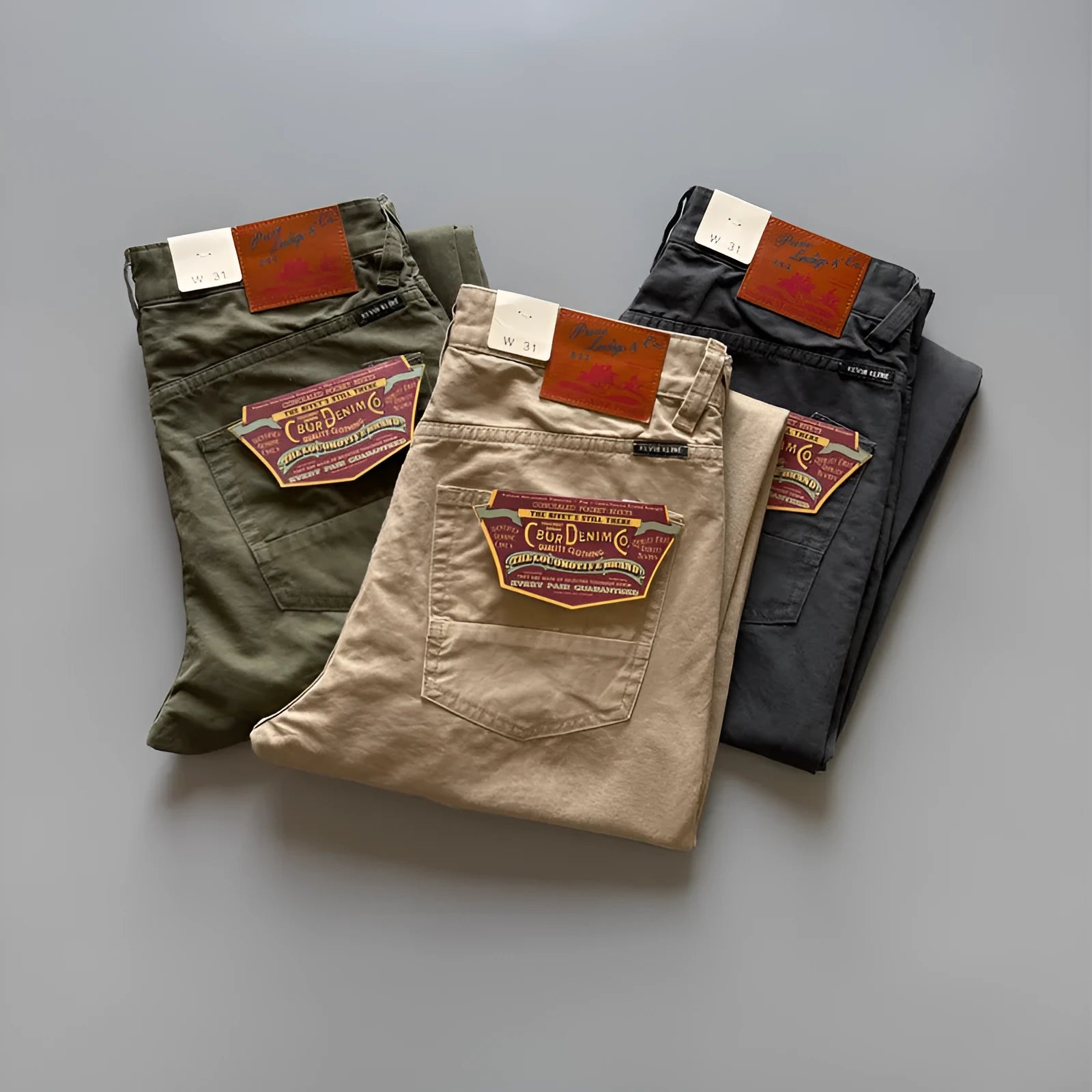 Men's American retro straight leg cotton trousers in solid colour with mid waist design
