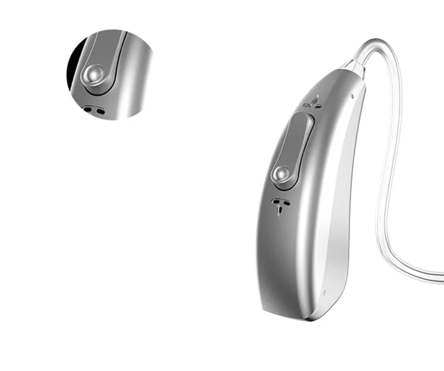 Wireless invisible hearing aid with USB charging case showing blue and green indicator lights