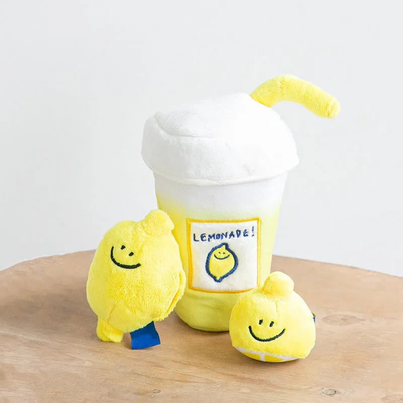 Yellow plush pet voice toy shaped like a lemon tea cup with squeaker and side snack pocket