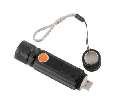 Black aluminium alloy multifunctional LED flashlight with T6+COB light source, magnet base, and rechargeable 18650 battery