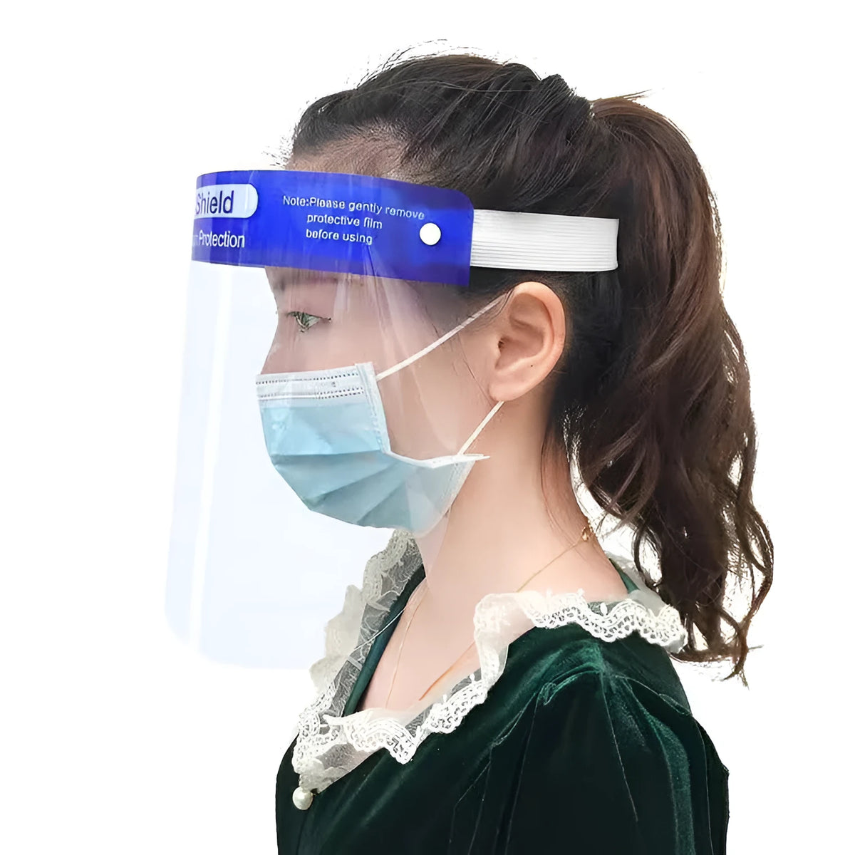 Blue PET head-on anti-splash protective mask for droplet self-protection, available in 100pcs and 5pcs packs