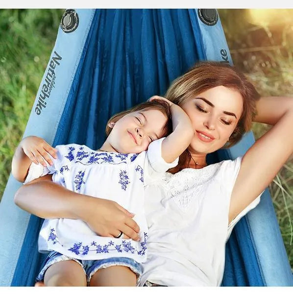 Anti rollover camping double hammock in 201T high fibre nylon, shown in a choice of five colours