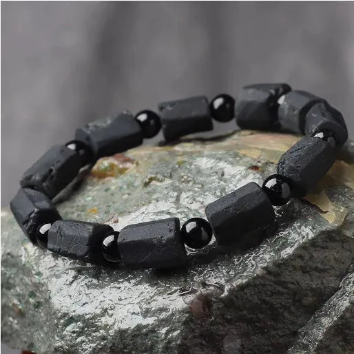 Natural black tourmaline rough stone bracelet with 10mm diameter adjustable unisex design