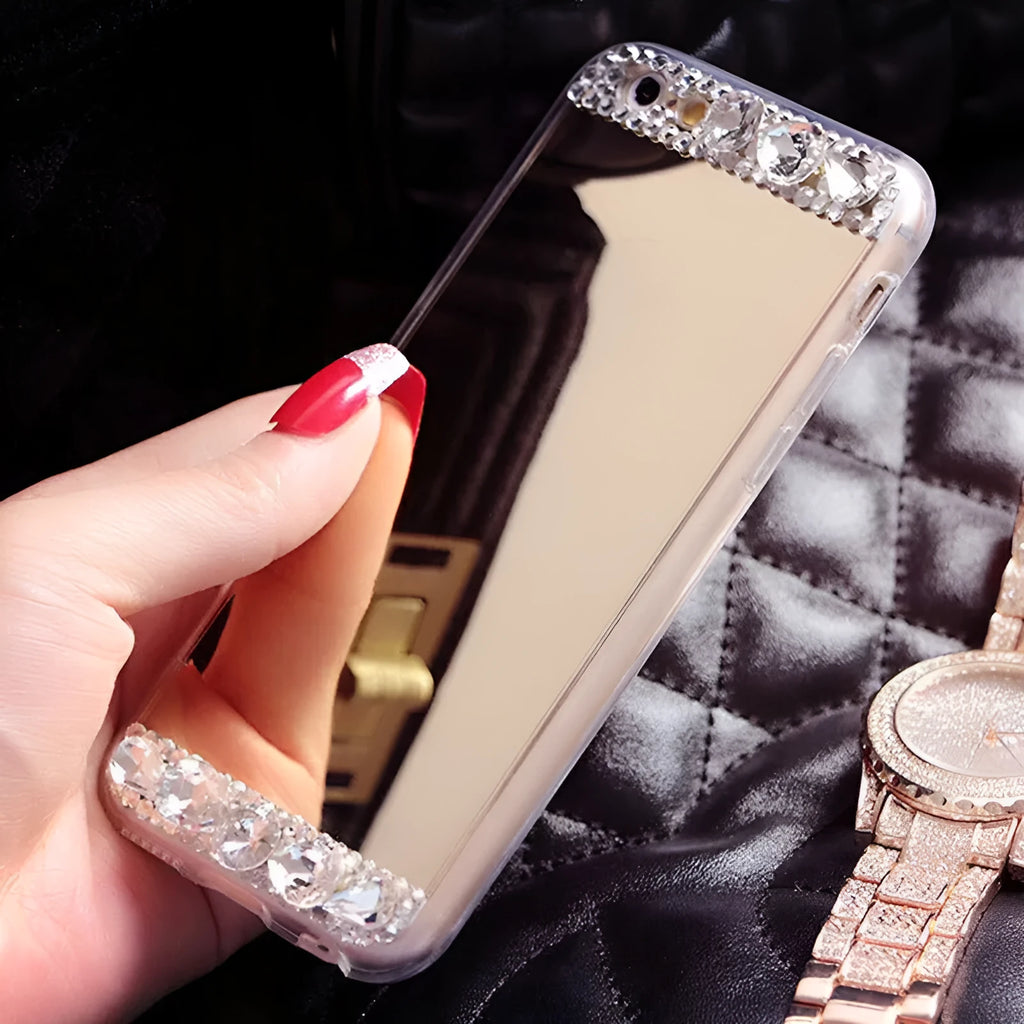 Rhinestone decorated Huawei mobile phone case in gold colour with waterproof silicone back cover