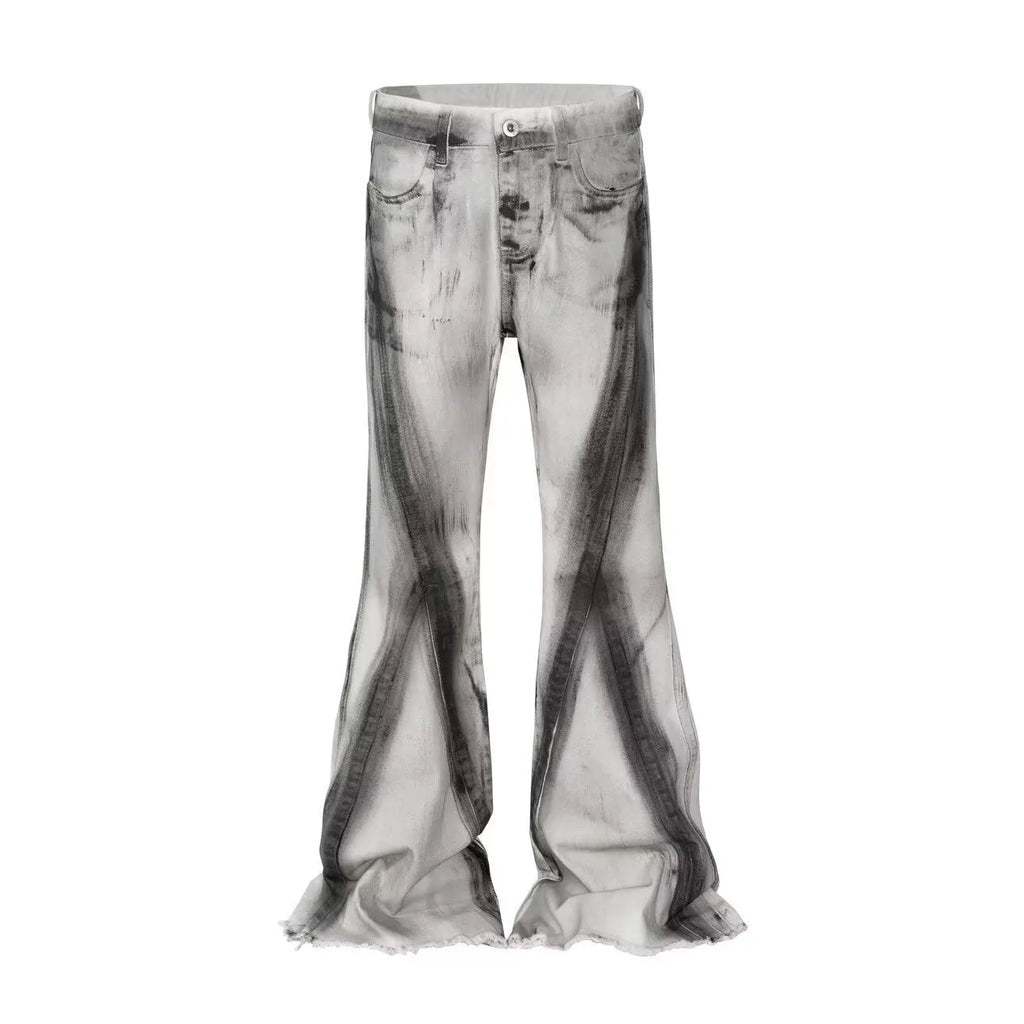 White cotton selvedge denim jeans with a mid waist and zip fly, shown on a size chart.