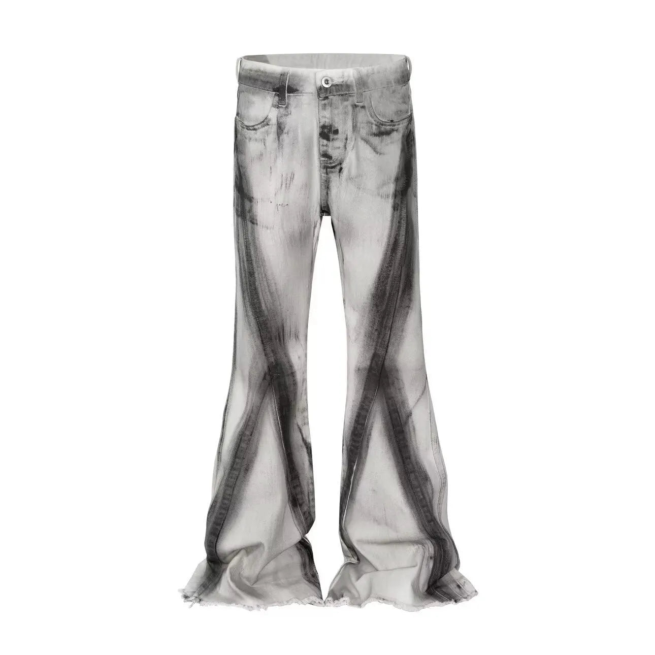 White cotton selvedge denim jeans with a mid waist and zip fly, shown on a size chart.