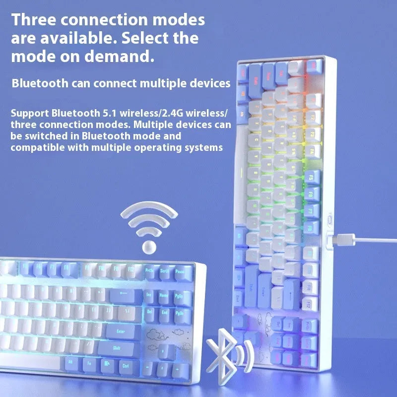 Wireless Bluetooth mechanical keyboard with metal construction in blue white or purple white colour options