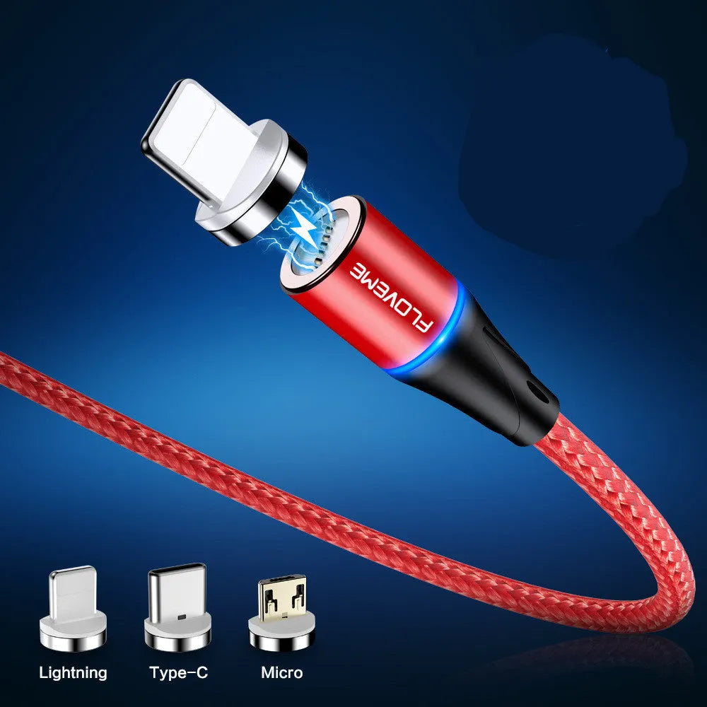 Magnetic charging cable with LED side lights in black colour, showing USB connector and magnetic phone attachment