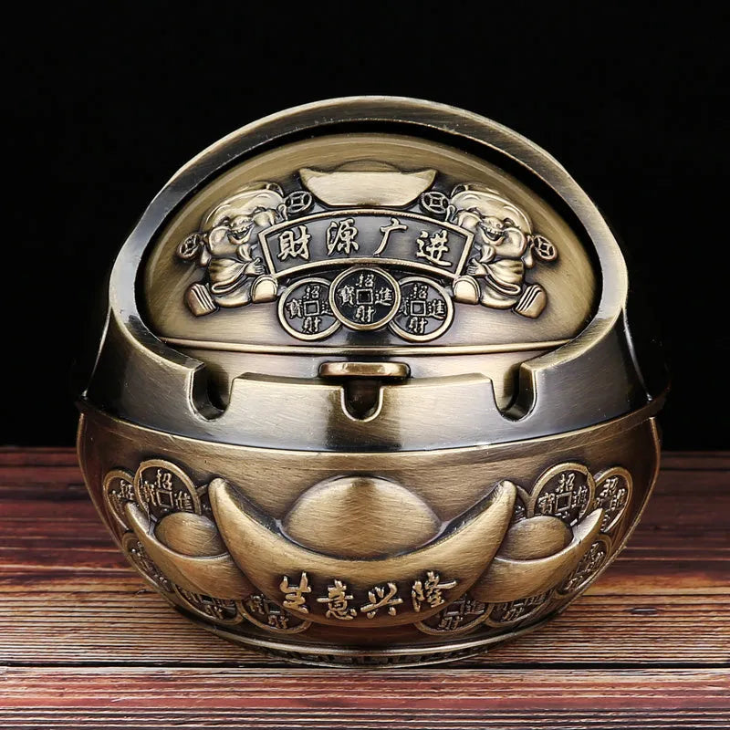 Bronze decorative ashtray with smoke extinguishing slot featuring traditional dragon design