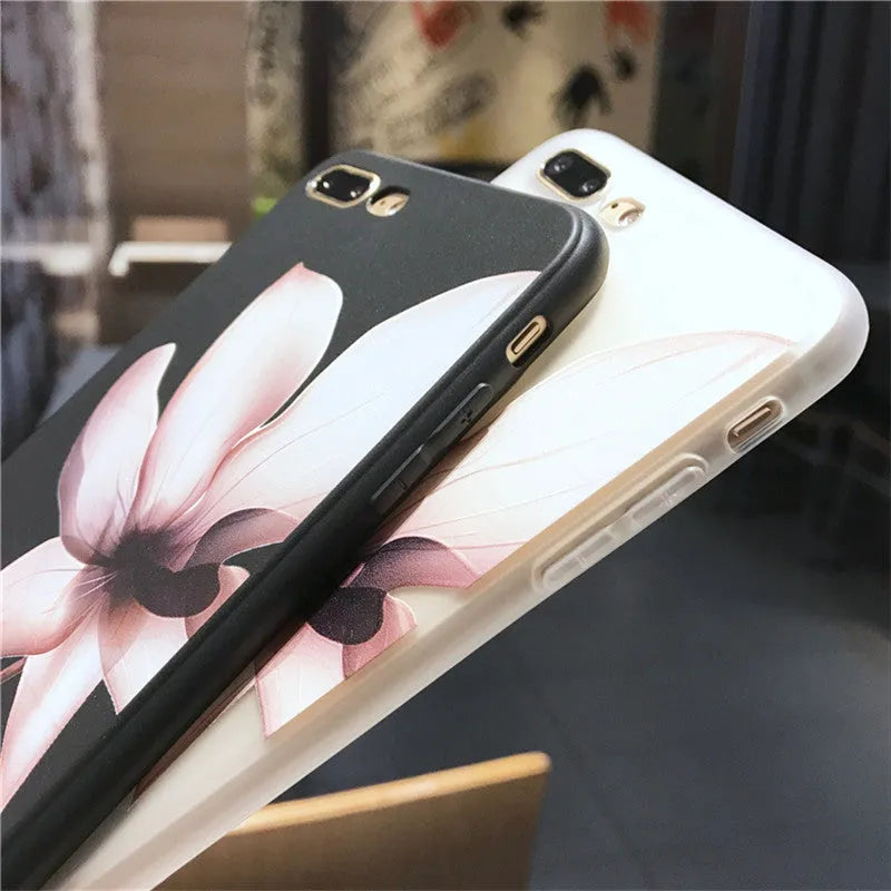 Embossed floral TPU phone case in black or white for iPhone models