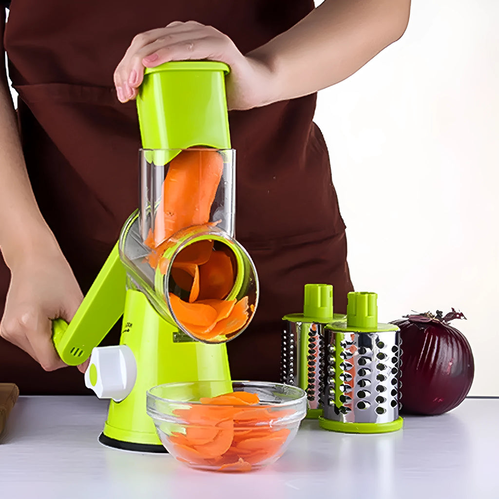 Round mandoline vegetable cutter with 3 stainless steel drum blades and suction base