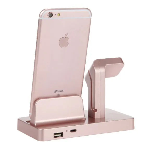 White 2-in-1 desktop charging dock holding an iPhone and an Apple Watch.