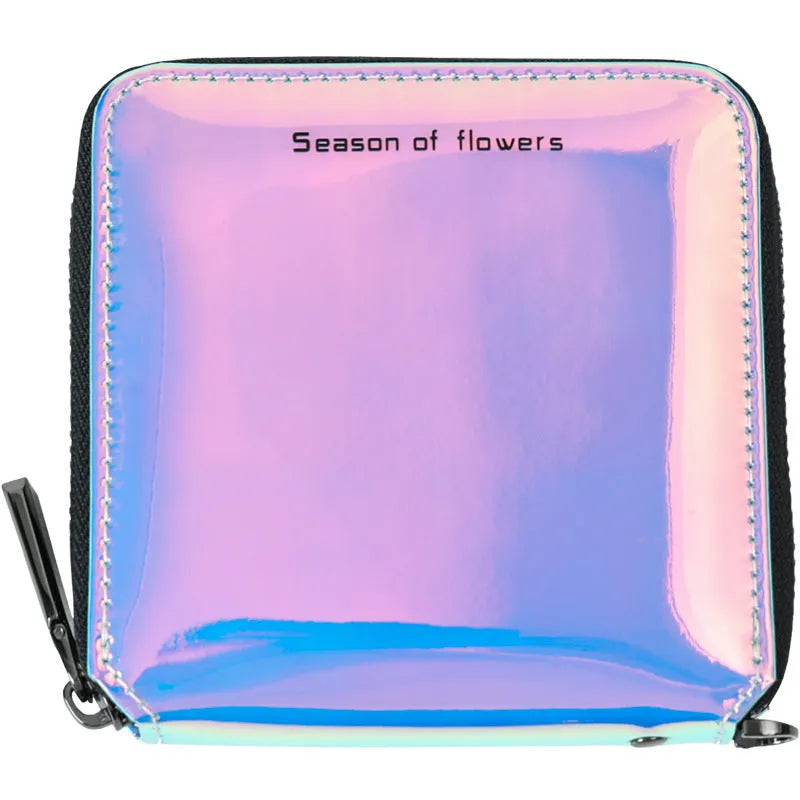 Short folding women's wallet in PU leather showing crystal blue, glitter and green colour options