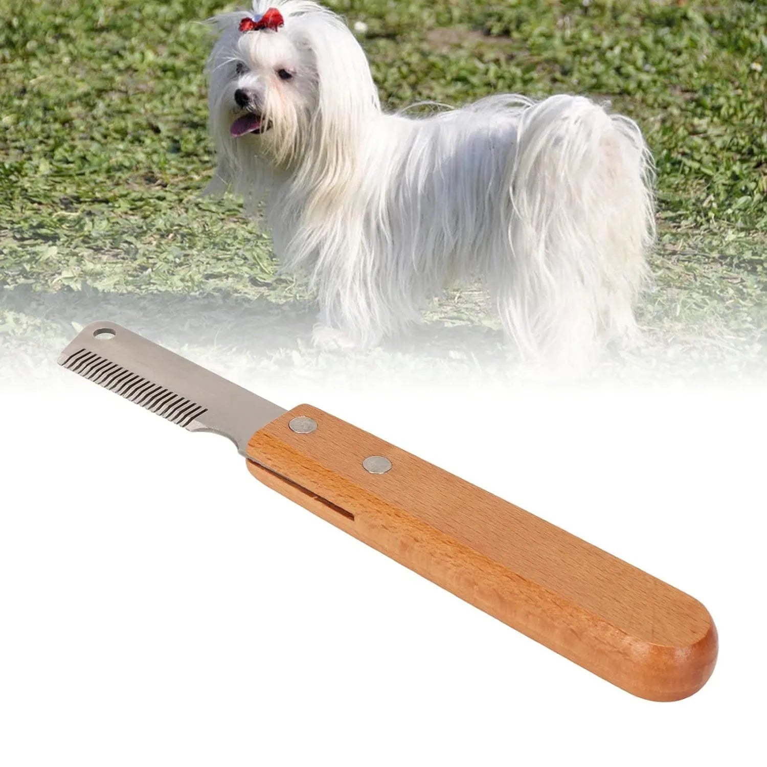 Pet stripping comb grooming tool with wood handle and metal teeth for dogs and cats.