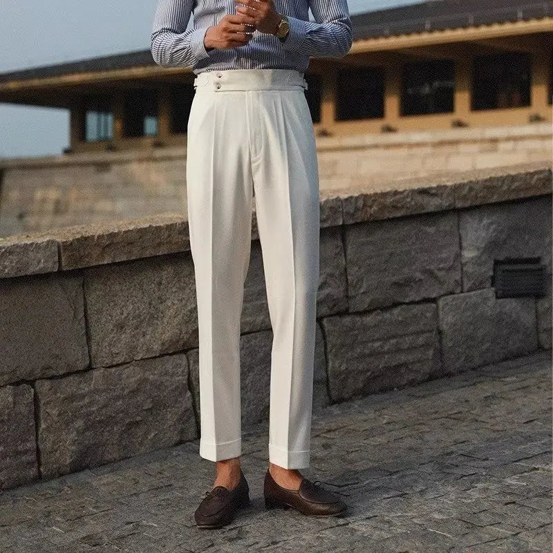 Men's slim-fit formal trousers in polyester-blend fabric available in black, white and apricot colours