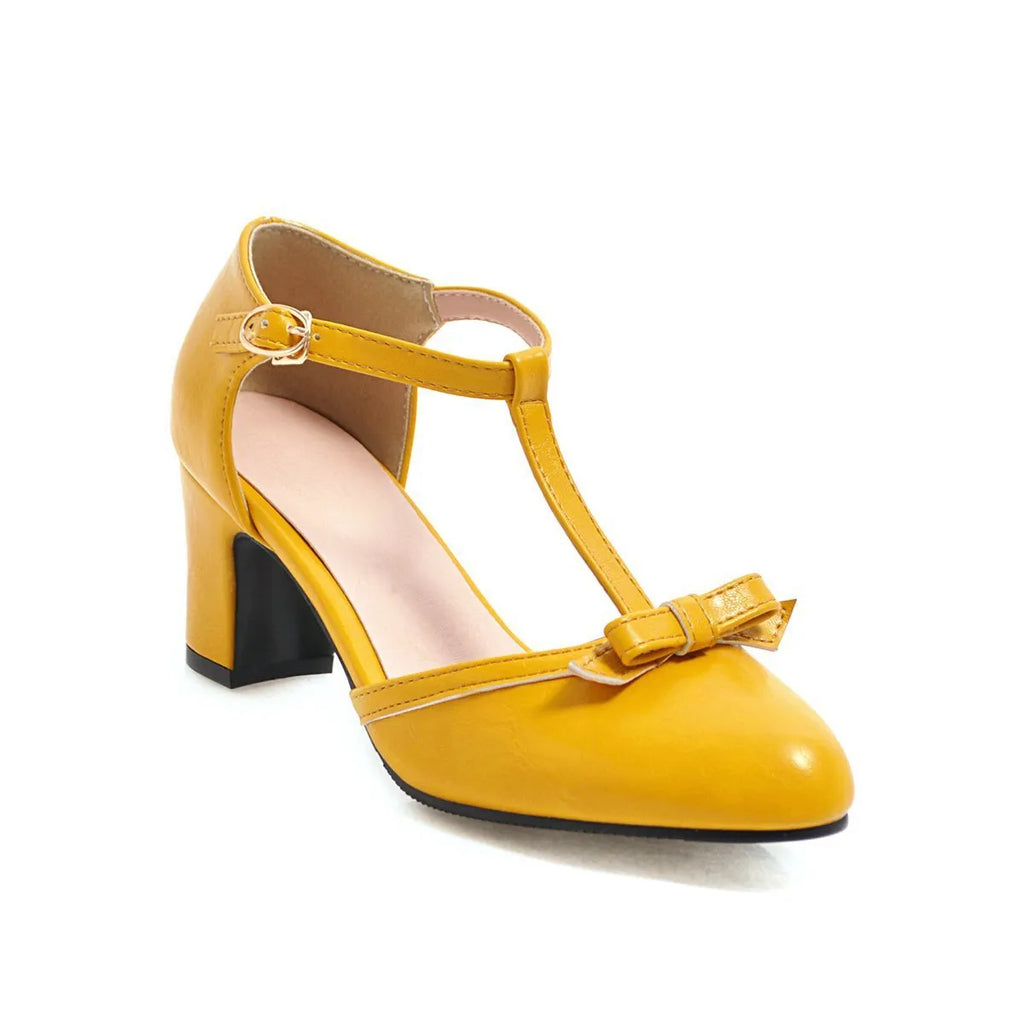 Women's chunky heel sandals with bow tie detail and adjustable buckle strap