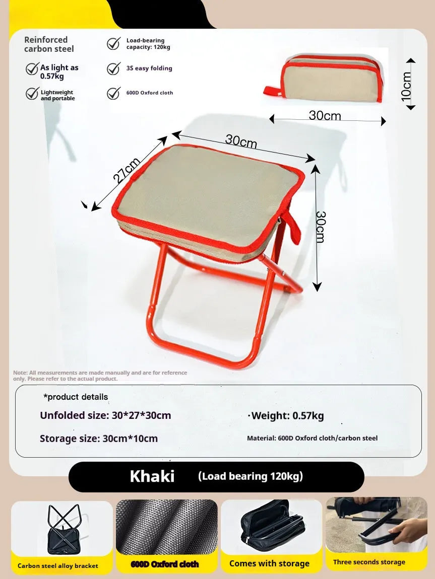 Compact foldable outdoor stool in khaki colour with oxford cloth seat, shown in folded and unfolded states.