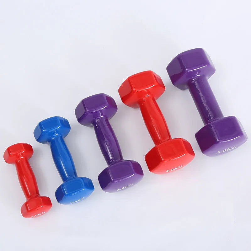 Colourful PVC-coated plastic hexagonal fitness dumbbells in bright colours on a gym floor