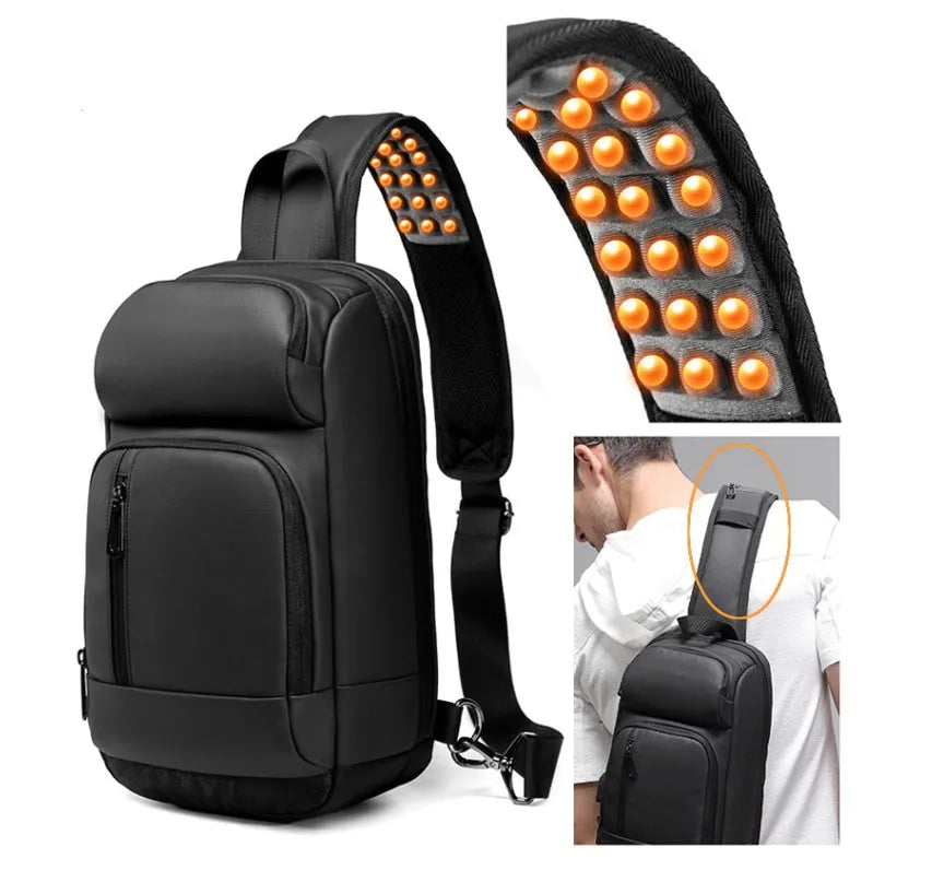Black PVC outdoor leisure shoulder bag with air cushion strap and internal organiser pockets