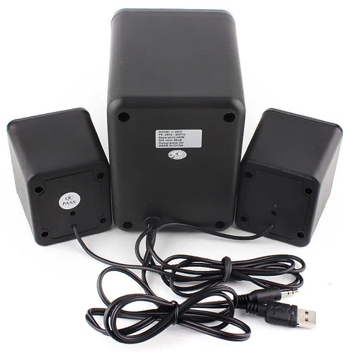 Green 2.1 USB computer speaker with glowing colourful lights showing USB and audio jack ports