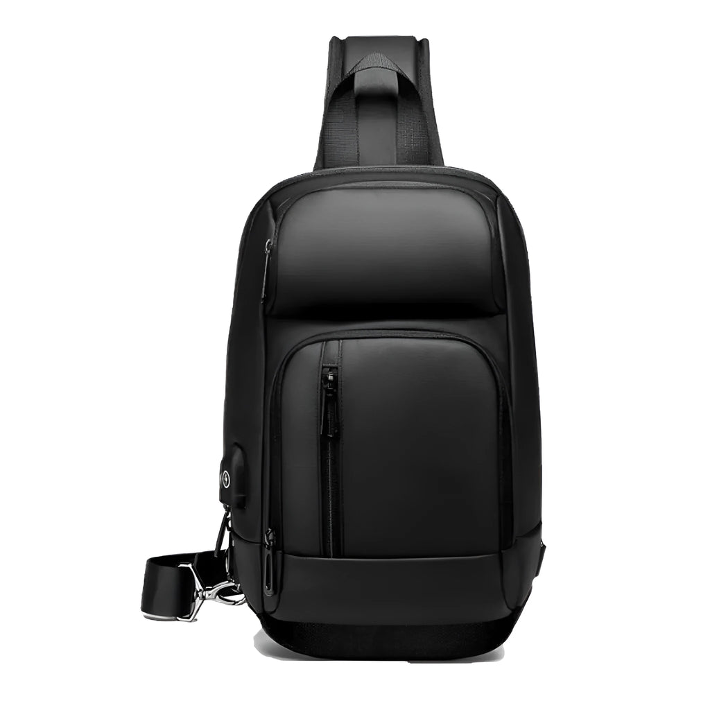 Black PVC outdoor leisure shoulder bag with air cushion strap and internal organiser pockets