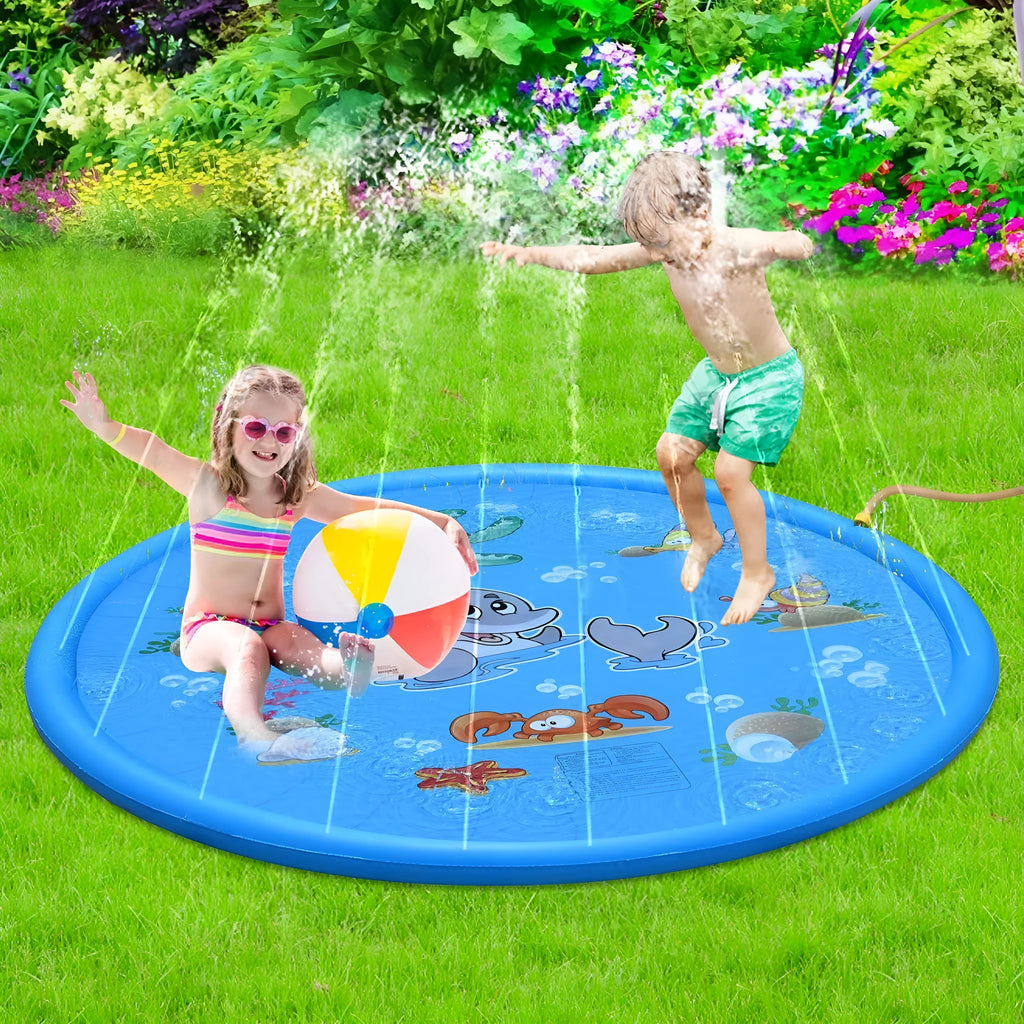 Blue PVC water spray play mat with marine animal designs for outdoor garden use