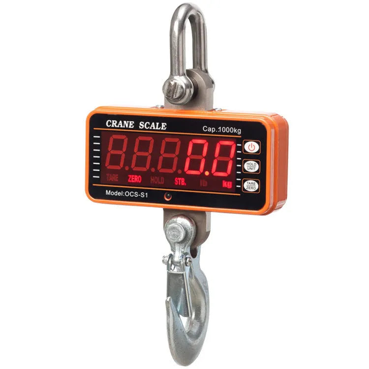 Orange electronic crane scale with digital display for 500 kg capacity logistics weighing