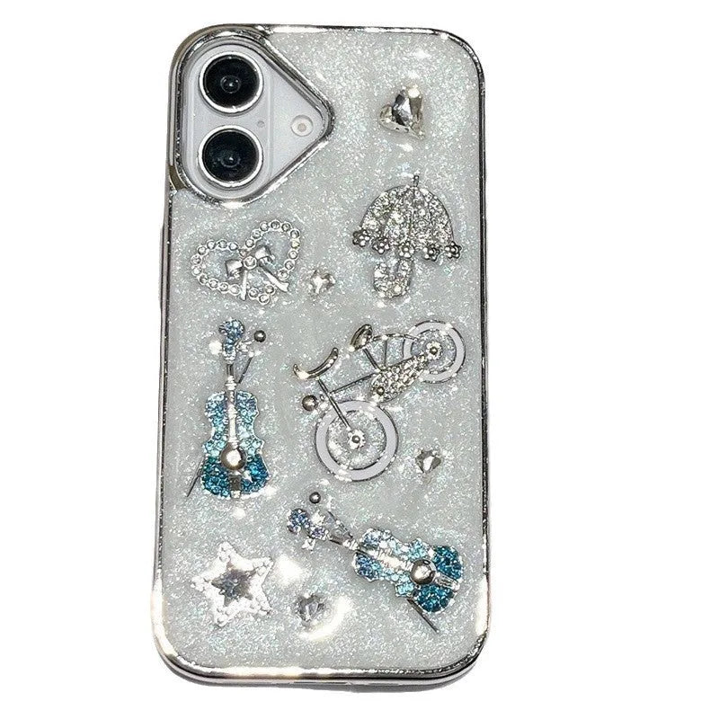 White silicone iPhone case with 3D guitar heart epoxy design and guitar lanyard