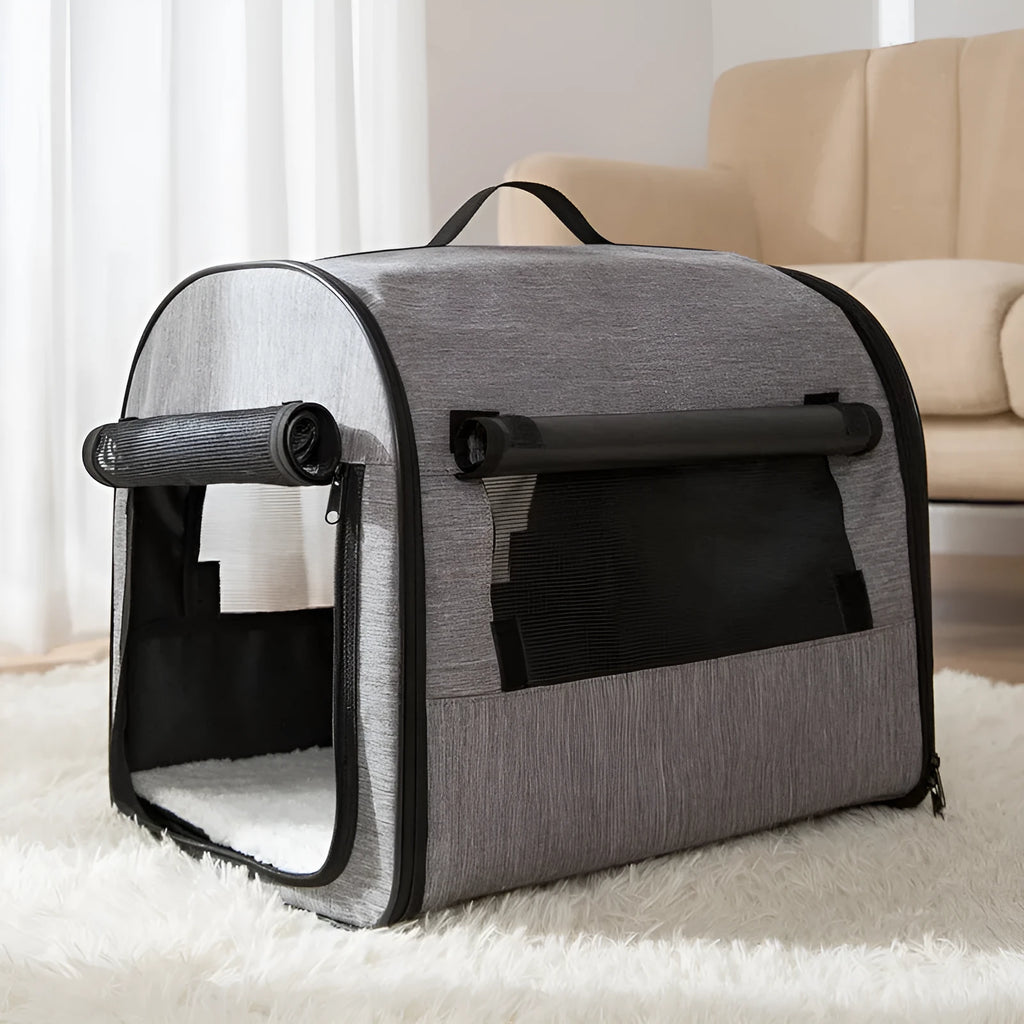 Portable grey dog cage house with Oxford fabric and mesh ventilation on a car seat