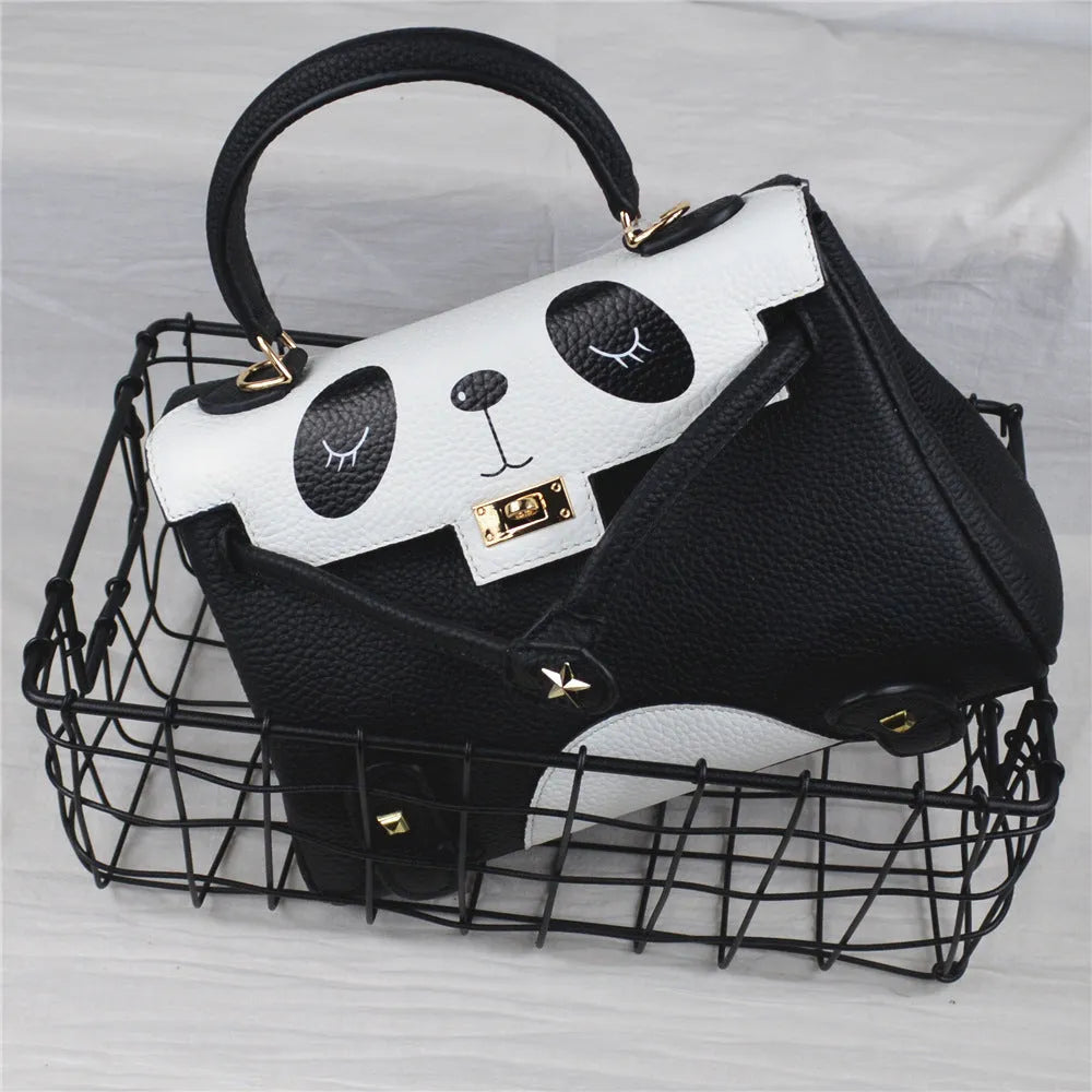 Panda print cow leather women's handbag in horizontal square shape