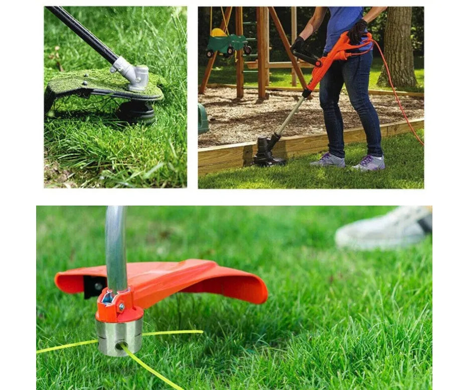 Aluminium lawn mower grass head accessory with four light yellow square ropes and installation wrench