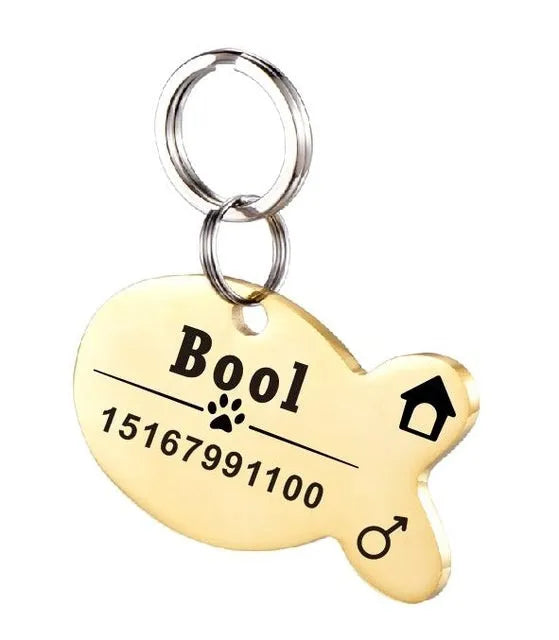 Personalized dog ID tag with stainless steel pendant and natural zircon chain, shown in black, blue, gold, or silver.