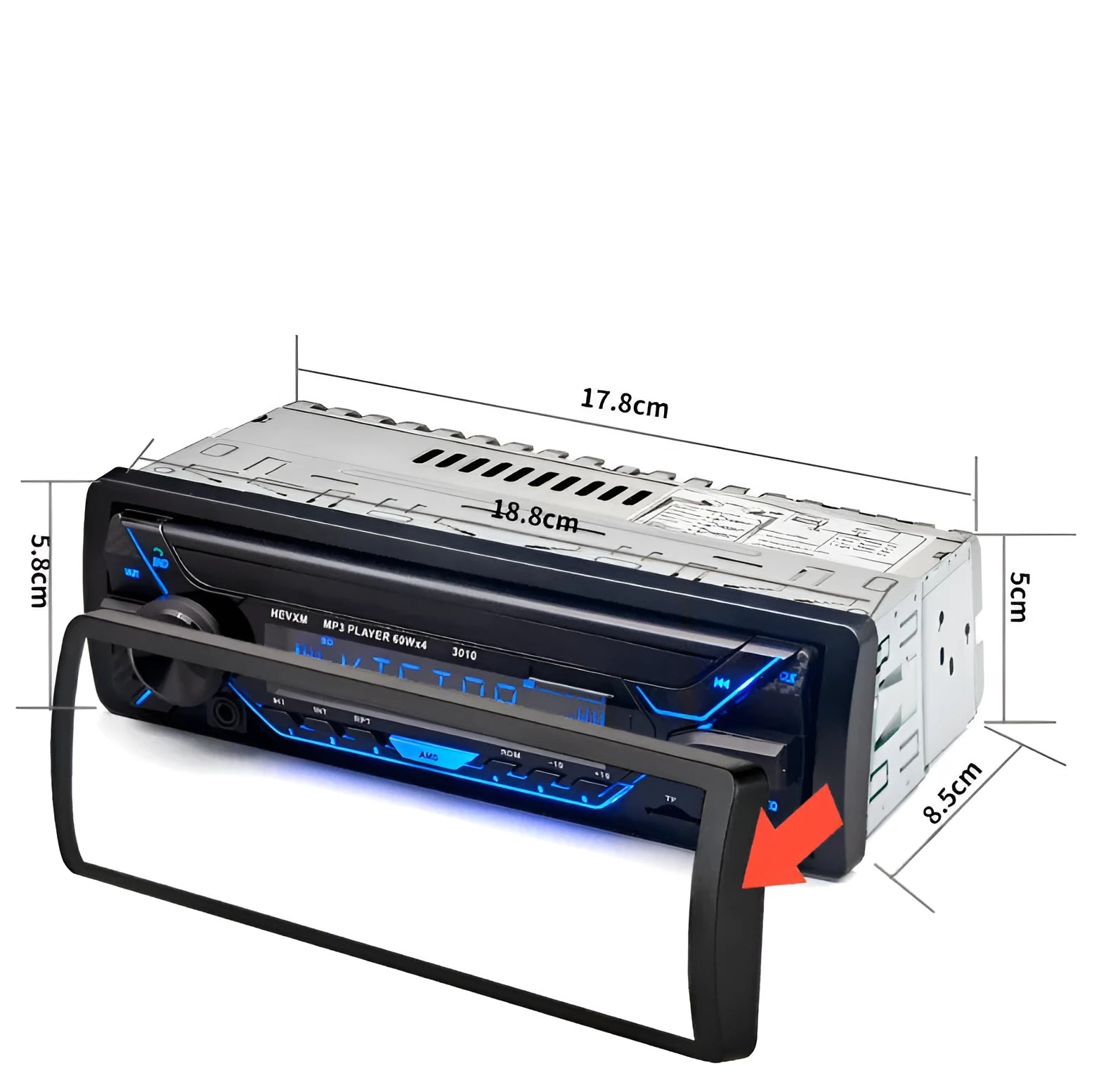 Car radio MP3 player with Bluetooth, LCD display, rotary volume knob, and multiple input ports