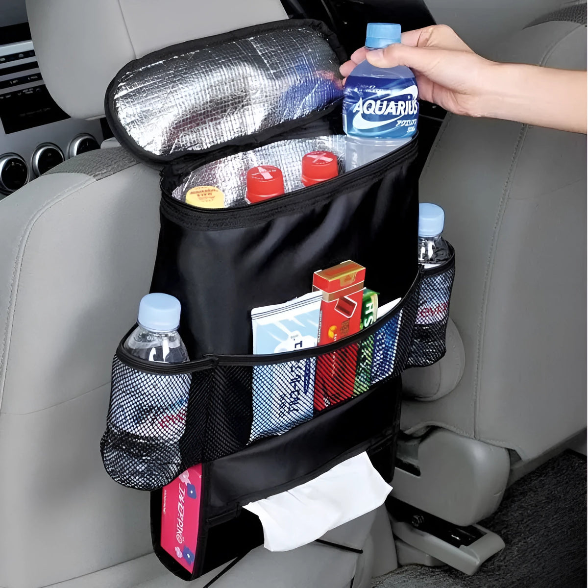 Black Oxford cloth thermal car seat back organizer with insulation aluminium foil, hanging storage bag