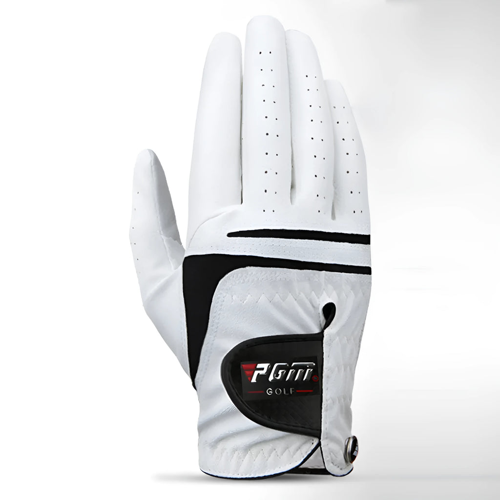 Summer thin golf glove in real sheepskin leather with anti-skid particles, breathable pores, and Velcro closure.