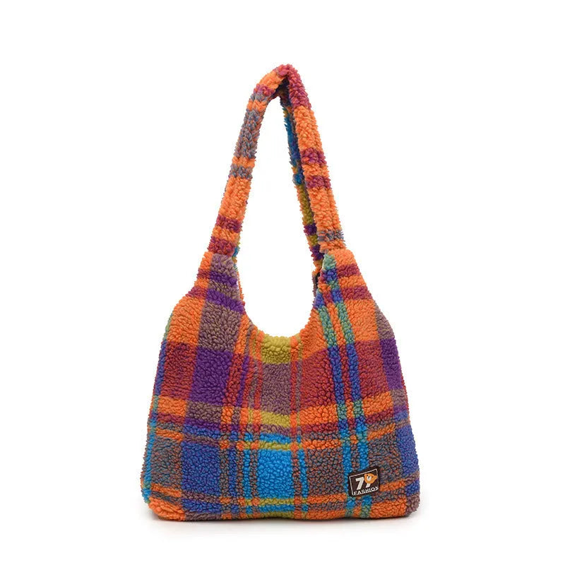 Women's plaid shoulder crossbody tote bag in soft plush material showing orange colour option