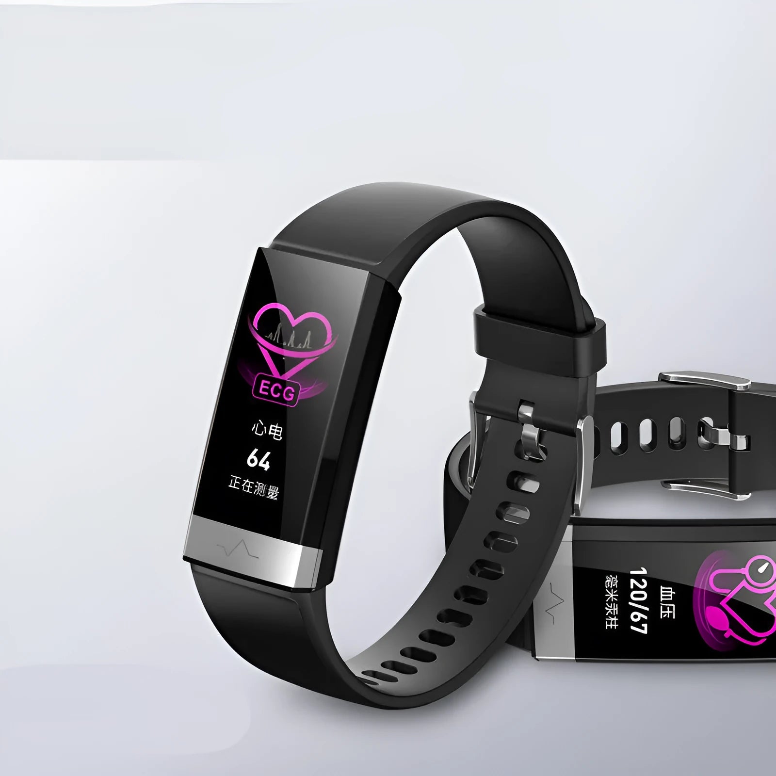 V19 smart health bracelet in black, blue, or red with ECG and SpO2 monitoring display.