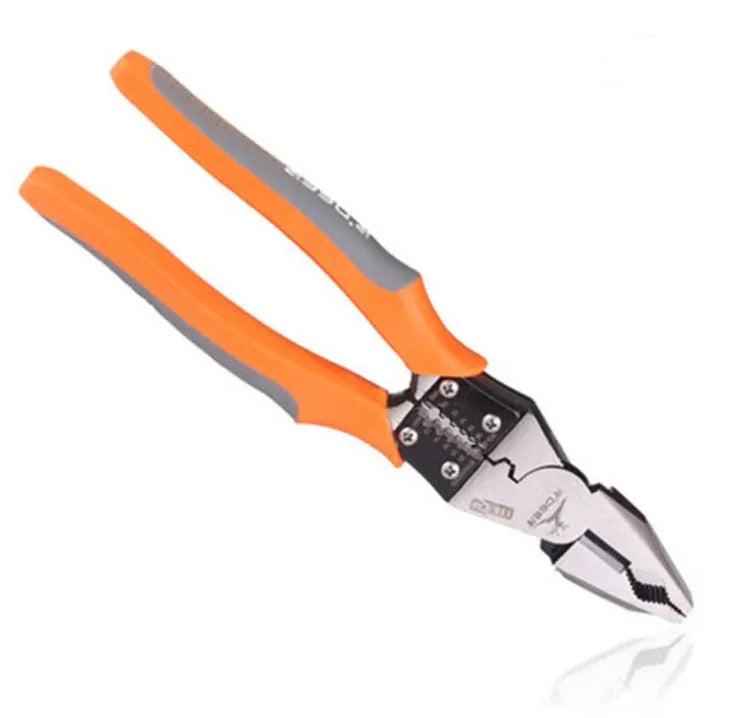 Orange multi-function wire cutter pliers with forged steel head and textured PVC handles.