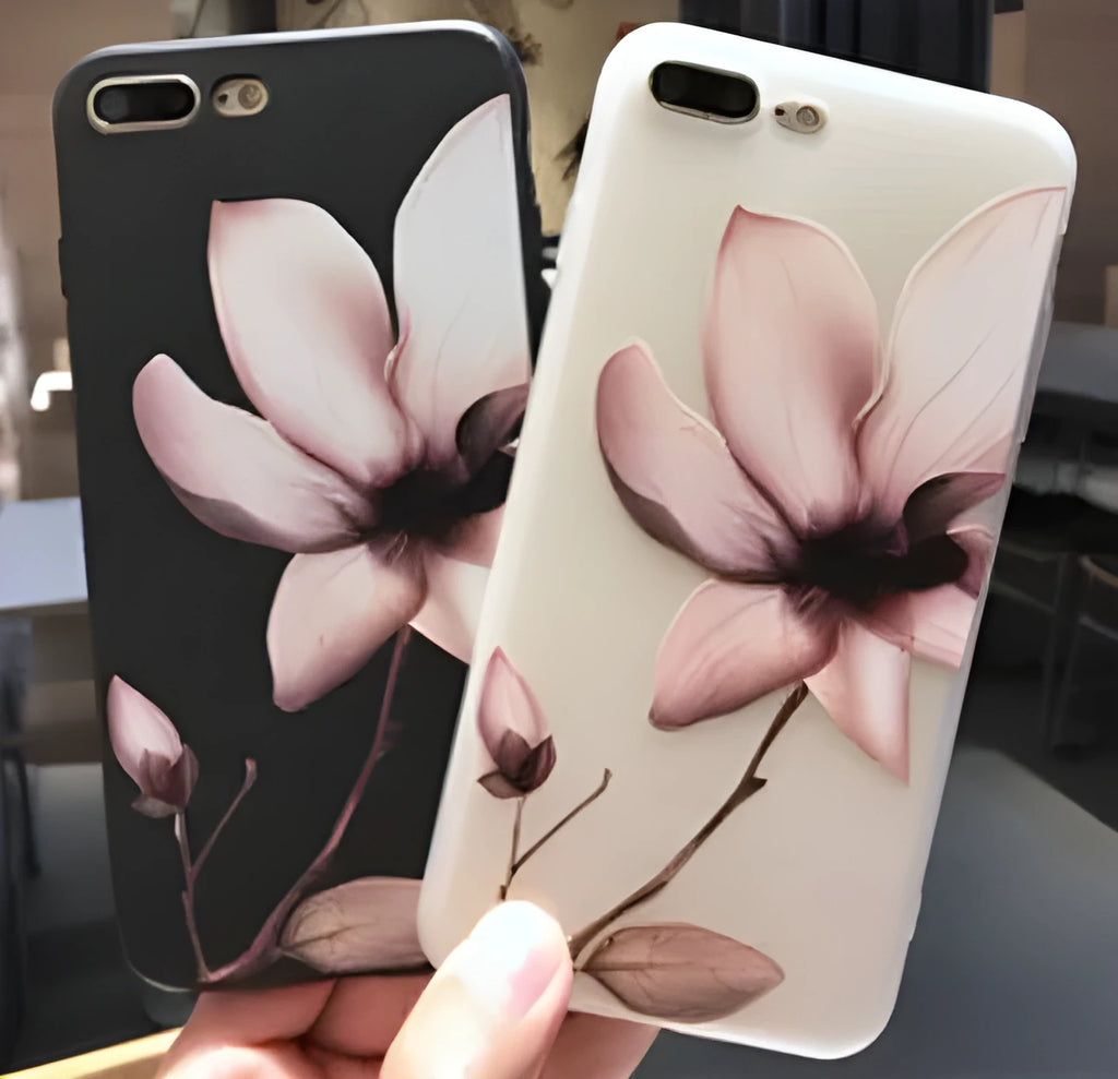 Embossed floral TPU phone case in black or white for iPhone models