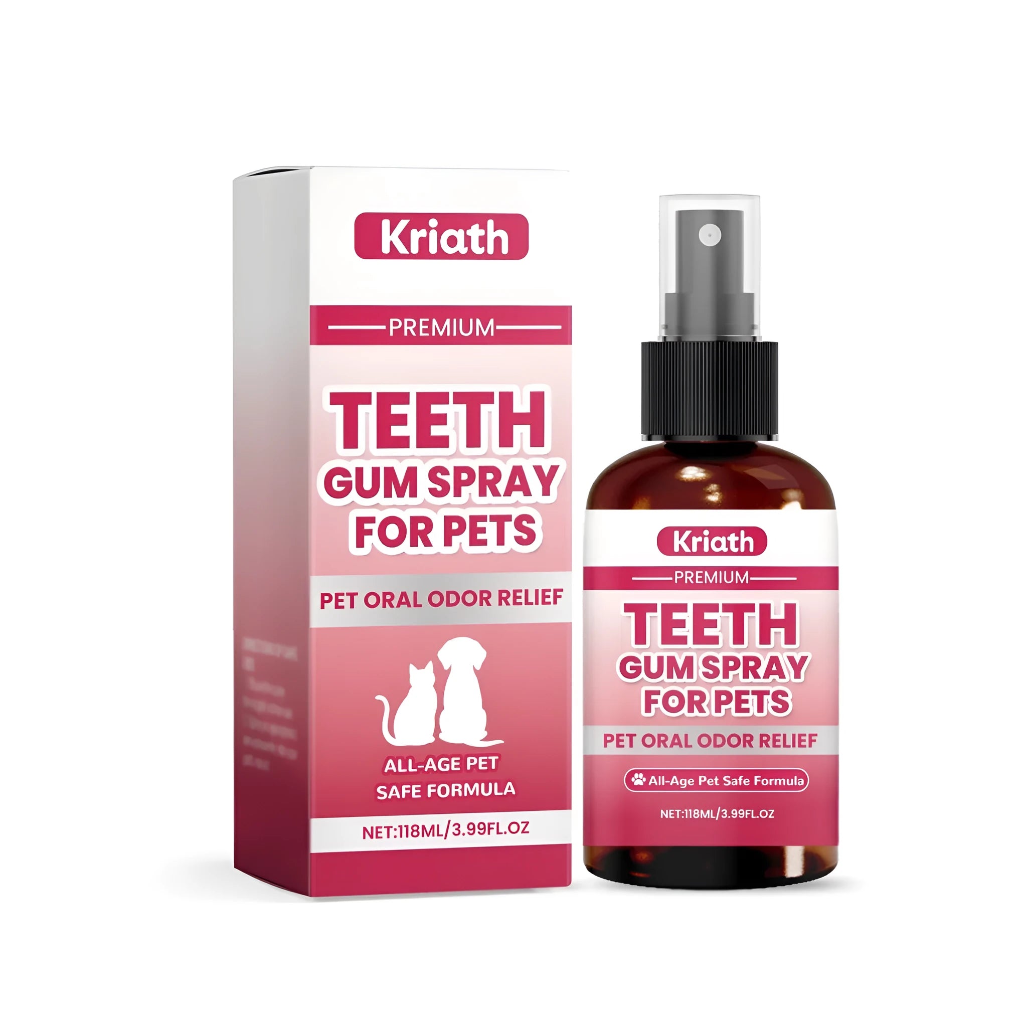 118ml bottle of clear pet teeth and gum spray for dogs and cats on a white background